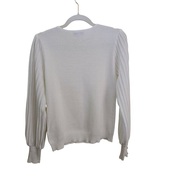 Nanette Lepore White Sparkle Pleated Bishop Sleeve Button Detail Sweater Size M - Picture 3 of 11